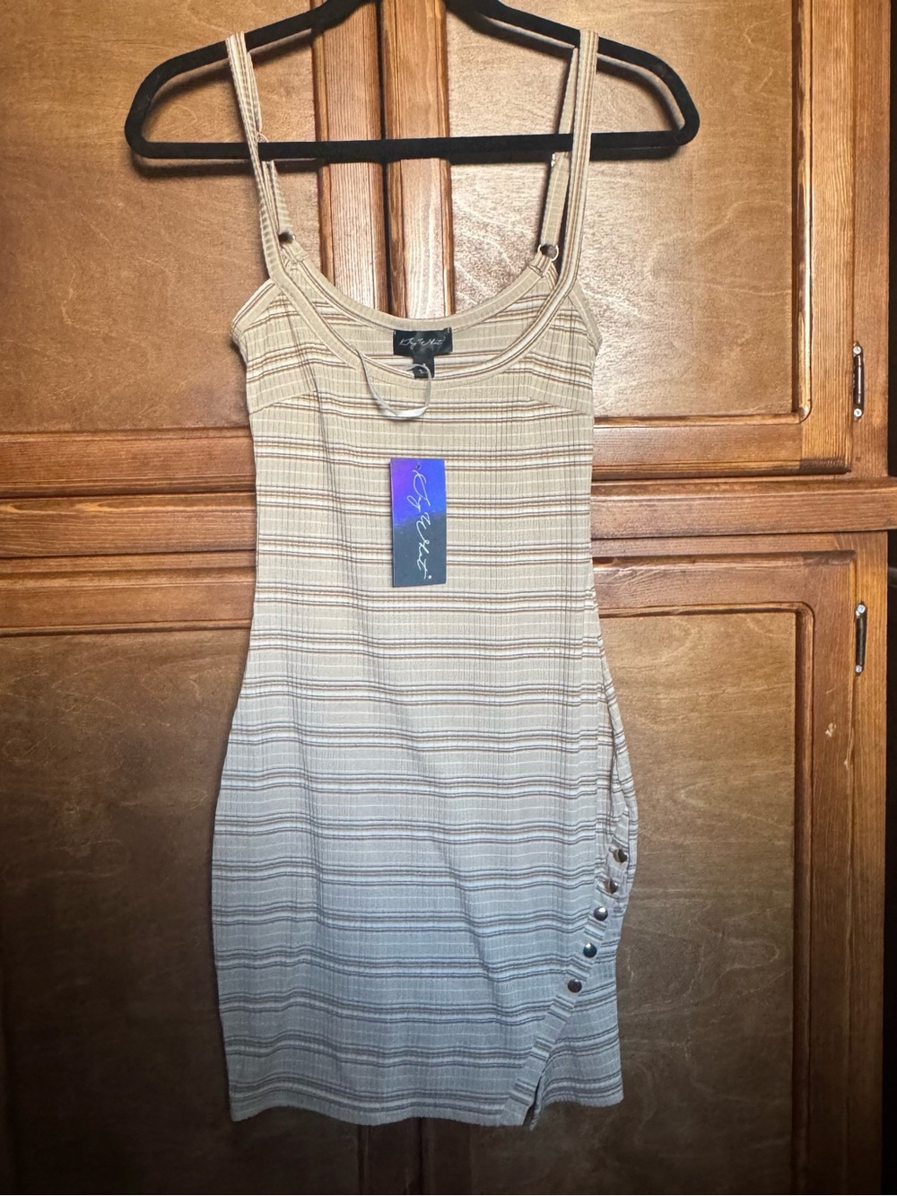 Say What? Beige Striped Ribbed Mini Dress with Side Button Accent